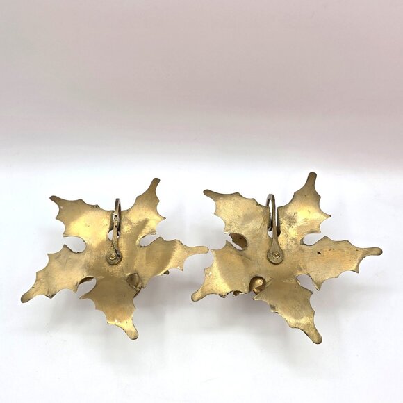 Vintage Holly Leaf Chamberstick Finger Loop Solid Brass Candle Holders Set of 2 - Picture 6 of 8